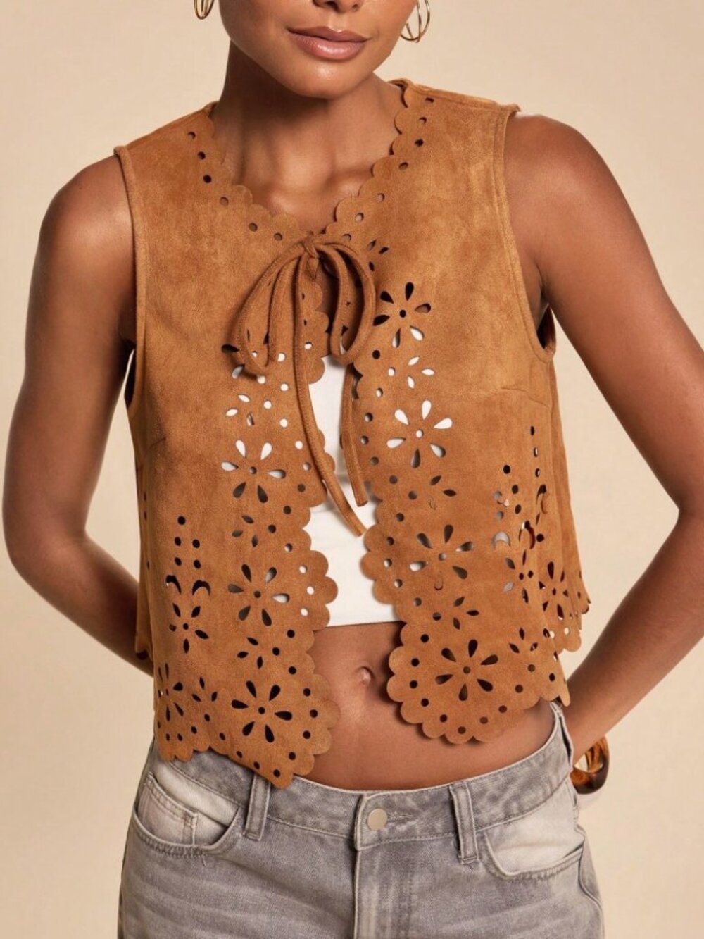 Tan Faux Suede Laser-Cut Floral Vest with Tie Neck